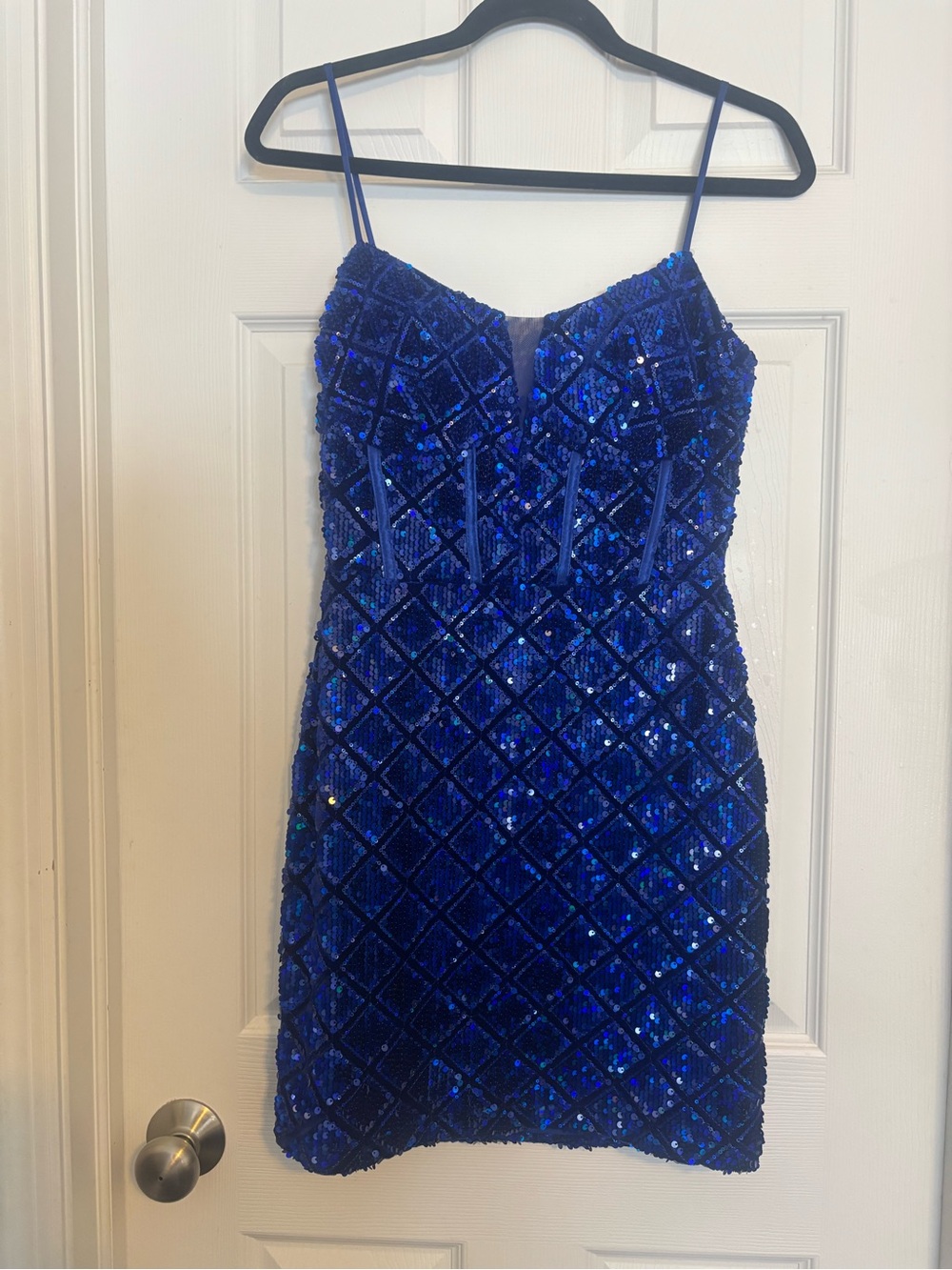Blue Sequin Mini Dress with Spaghetti Straps